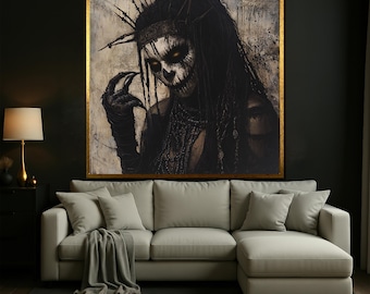 Dark Gothic Skull Art Canvas, Creepy Witch Wall Decor, Voodoo Priestess Painting for Living Room, Occult Horror Aesthetic Artwork