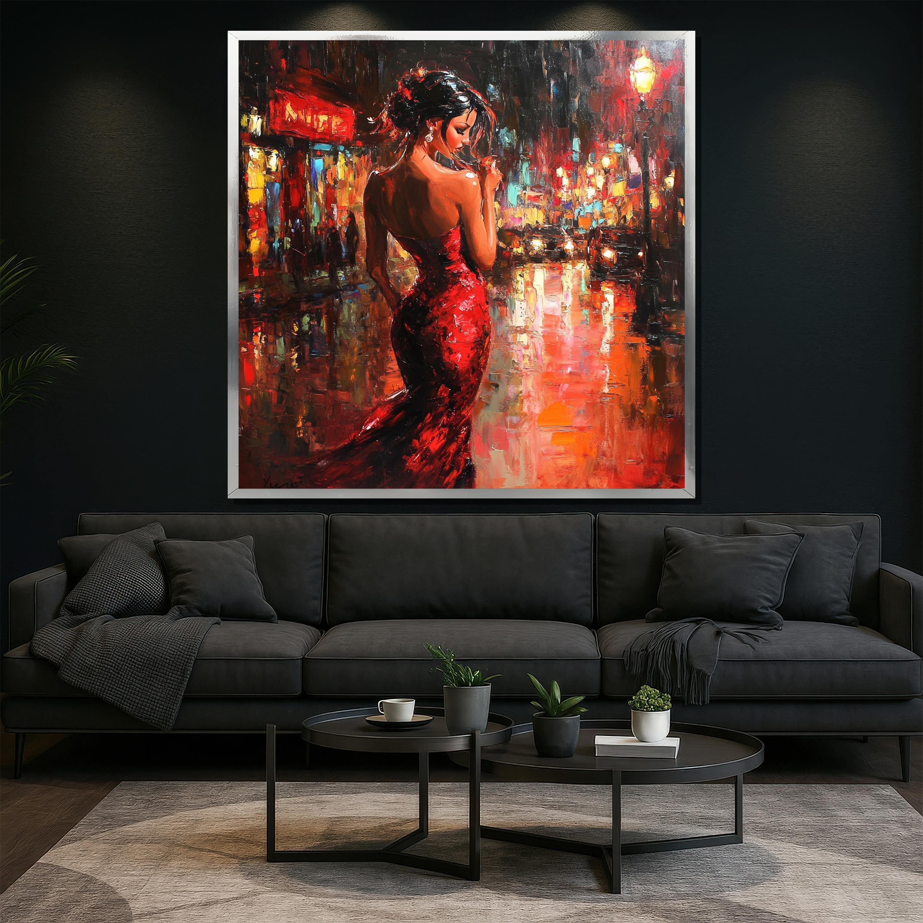 Red Dress Woman Wall Art, Night City Oil Painting Print, Elegant Lady ...