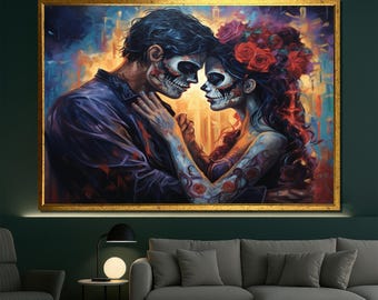 Romantic Day of the Dead Couple Canvas Wall Art, Colorful Sugar Skull Lovers Painting for Gothic Home or Modern Halloween Decor