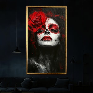 Lienzo con calavera de rosa roja, decoración de pared gótica del Día de los Muertos, pintura romántica oscura de calavera de azúcar para dormitorio o salón.