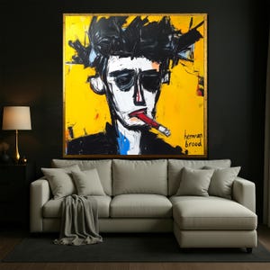 Peinture sur toile Herman Brood « Smoking Portrait », art moderne expressif audacieux avec fond jaune pour une décoration contemporaine, cadeau unique