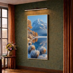 Frosty Mountain Lake Scene, Autumn Trees Reflection Canvas, Winter Landscape Wall Art, Nature Calm Water Canvas, Seasonal Home Decoration