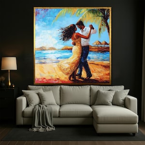 Romantic Couple Dancing on the Beach Canvas Wall Art, Tropical Love Scene Painting for Bedroom or Living Room Coastal Summer Decor