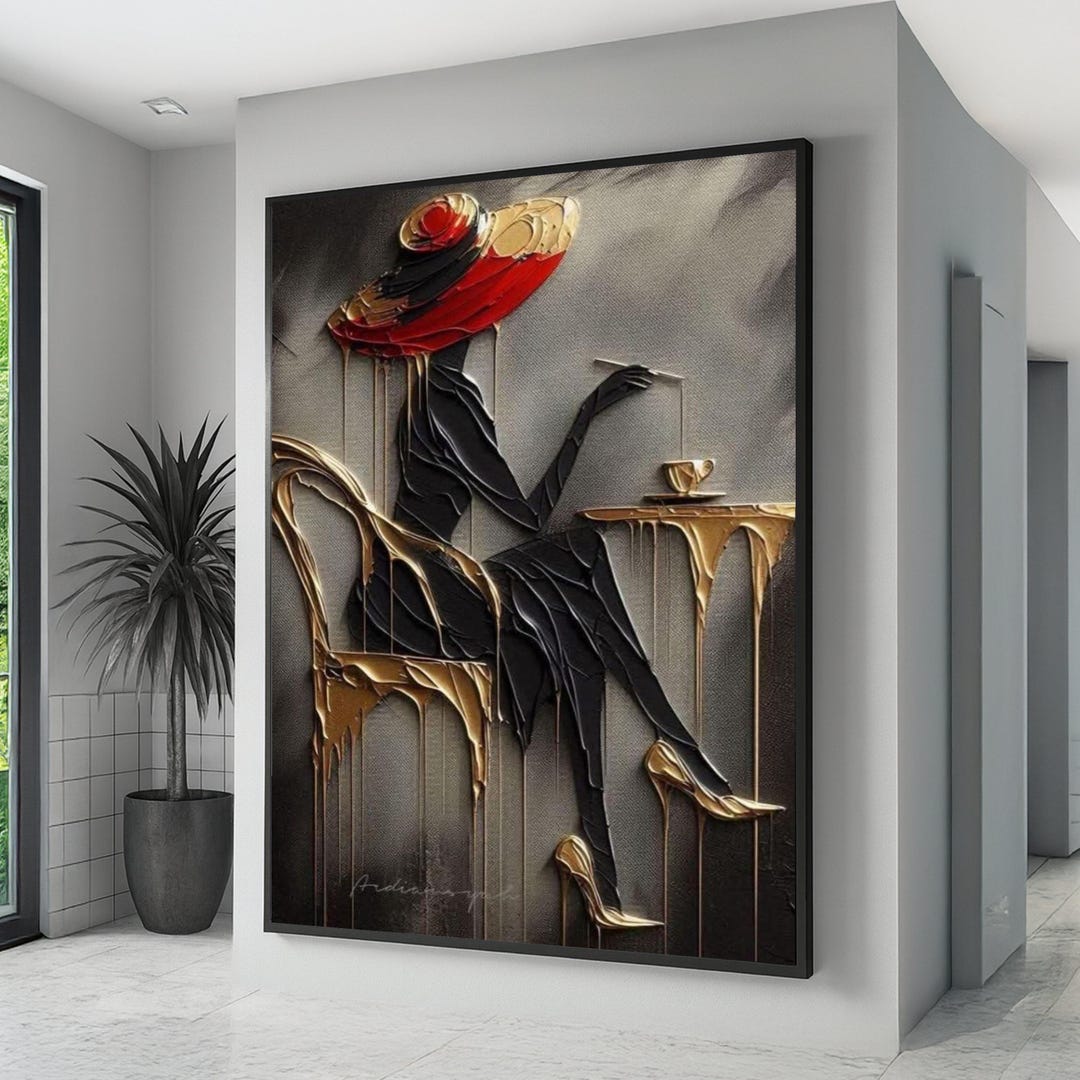 Elegant Woman in Red Hat Canvas, Abstract Fashion Art, Chic Sitting ...