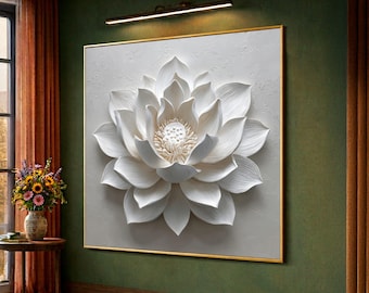 Elegant White Lotus Flower Canvas, Floral Wall Art, Effect Nature Canvas, Modern Home Decoration, Zen Wall Hanging