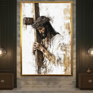 Jesus Carrying the Cross Wall Art, Christian Passion Canvas, Religious Decor, Faith and Sacrifice Painting