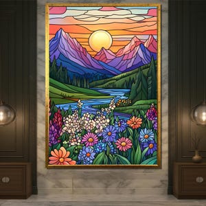 Stained Glass Mountain Wall Art, Colorful Landscape Print, Floral River Canvas, Bright Nature Decor