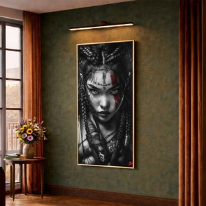 Fierce Tribal Warrior Portrait Canvas, Dark Fantasy Face Art, Ethnic Wall Decor, Powerful Expression Canvas, Dramatic Home Decoration