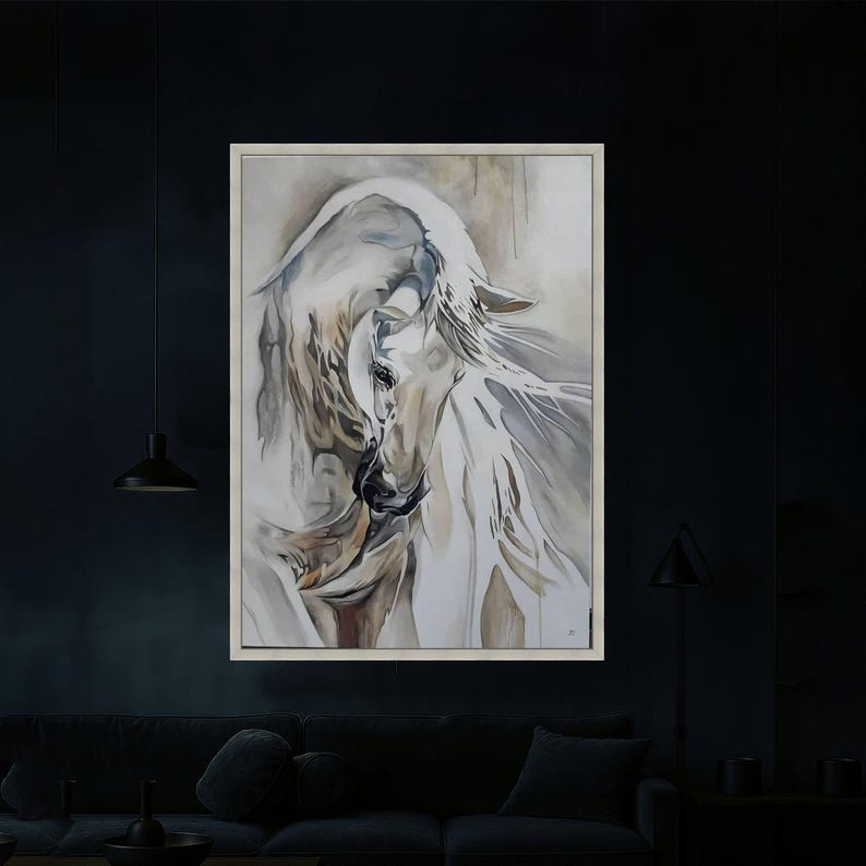 Elegante cuadro de un caballo blanco sobre lienzo, pintura equina abstracta, decoración moderna con arte animal, lienzo en tonos neutros, listo para colgar. imagen 5