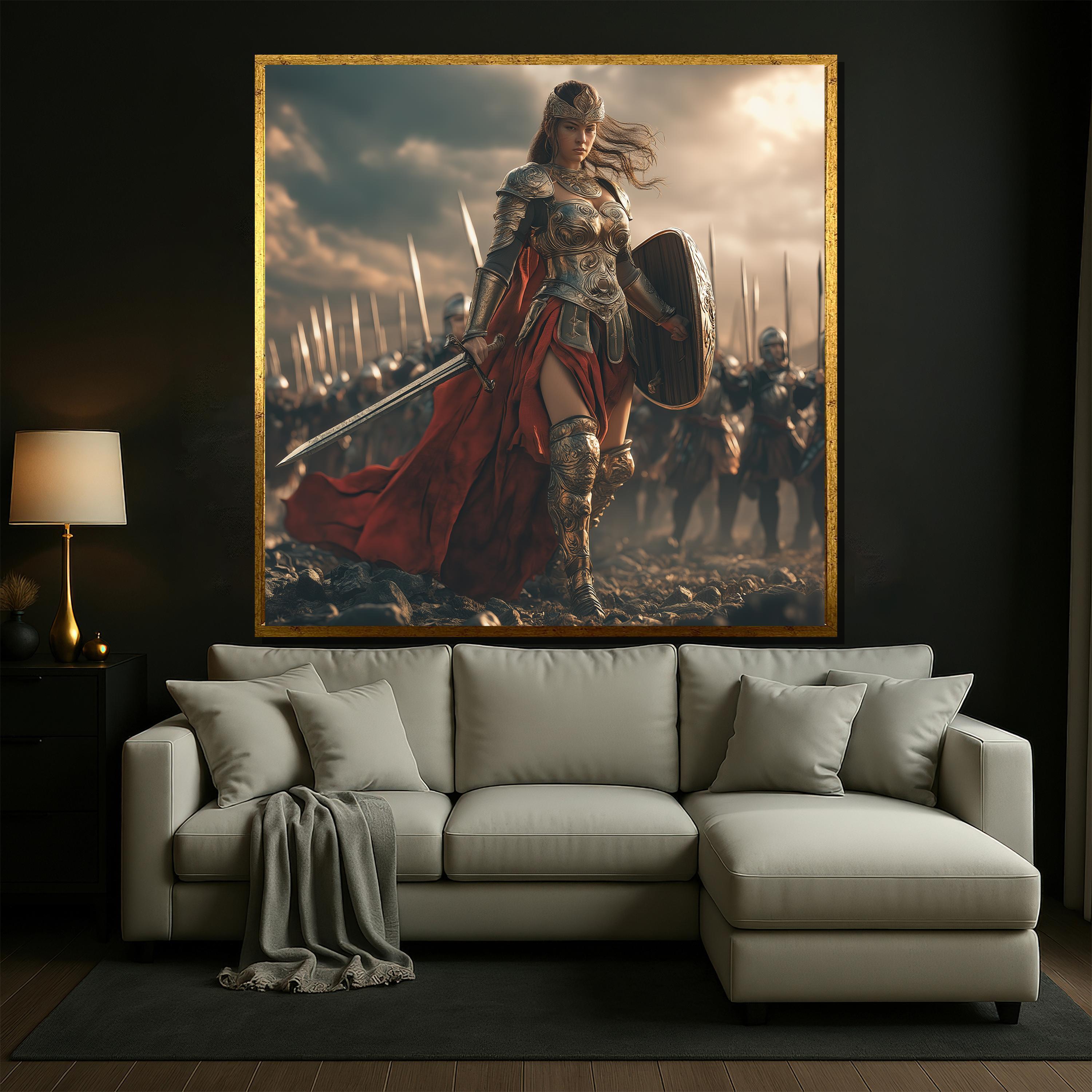 Epic Female Warrior Canvas Wall Art, Army Leader Woman Poster, Ancient Battle Scene Print, Heroic Fantasy Gift for Home Decor