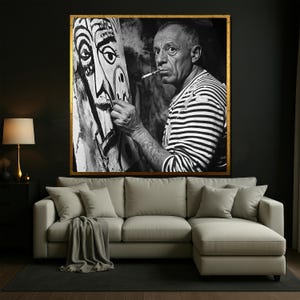 Pablo Picasso Black and White Canvas Wall Art, Iconic Artist Portrait with Artwork, Striped Shirt Photo Print, Art Gift for Collectors