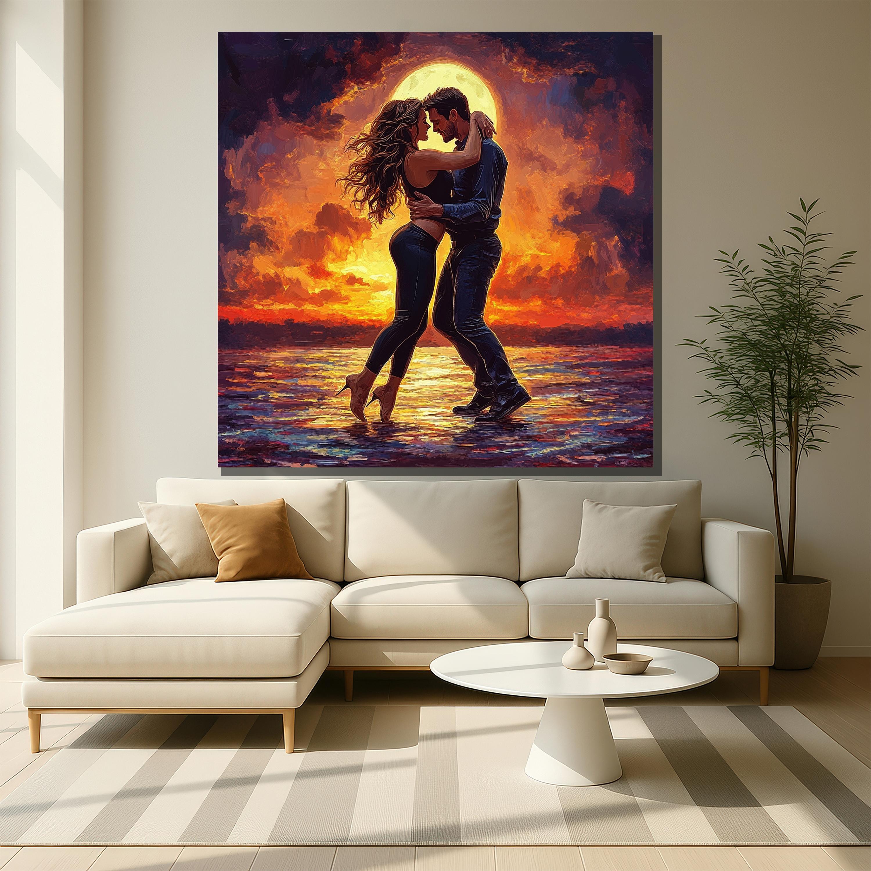Romantic Sunset Dance Canvas Wall Art, Couple Embracing by Ocean
