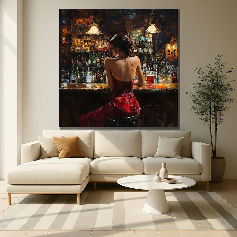 Woman in Red Dress Oil Painting Canvas Print, Elegant Lounge Scene - Etsy