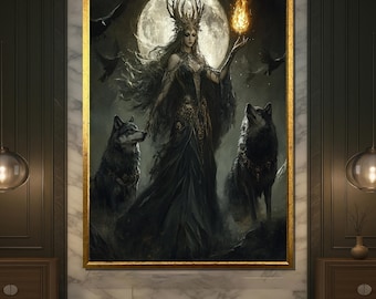 Goddess with Wolves Canvas Painting, Full Moon and Fire Orb Fantasy Wall Art, Mystical Woman Gift Decor