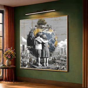 Niños abrazando la Tierra, lienzo de unidad global, arte mural de conciencia ambiental, diseño de paisaje urbano, lienzo de planeta pacífico