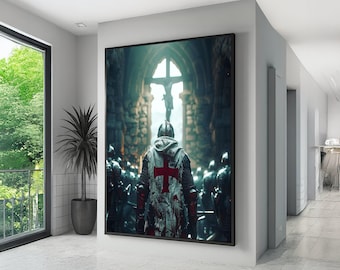 Caballero medieval con capa cruzada, lienzo con armadura de cruzado, arte mural con escena de batalla histórica, lienzo interior de iglesia gótica, hogar de guerreros