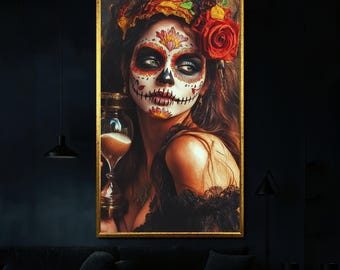 Day of the Dead Woman Portrait Canvas Wall Art, Sugar Skull Girl with Rose and Hourglass, Gothic Halloween or Latin Inspired Decor