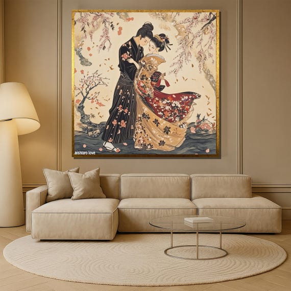 Romantic Japanese Couple Wall Art Canvas Print, Traditional Kimono