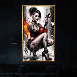 Tattooed Punk Girl with Violin and Fire Urban Style Wall Art Canvas Painting for Bold Modern Home Decor or Rock Themed Gift Option