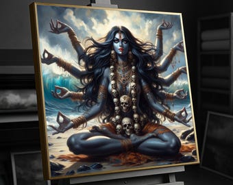 May include: A framed artwork depicting a multi-armed deity with blue skin, seated in a meditative pose on a beach. The deity wears skull necklaces and gold jewelry, with long dark hair. A golden frame surrounds the image, and the background shows a stormy sea.