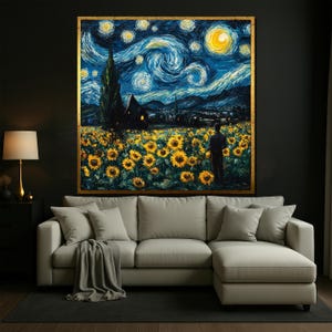 Vincent van Gogh Starry Night with Sunflowers Canvas Painting, Iconic Floral Landscape Art, Gift for Nature and Art Enthusiasts