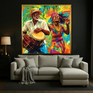 Colorful Afro Caribbean Wall Art, Drummer and Dancer Canvas Painting, Tropical Joyful Couple Decor, Vibrant Living Room African Gift