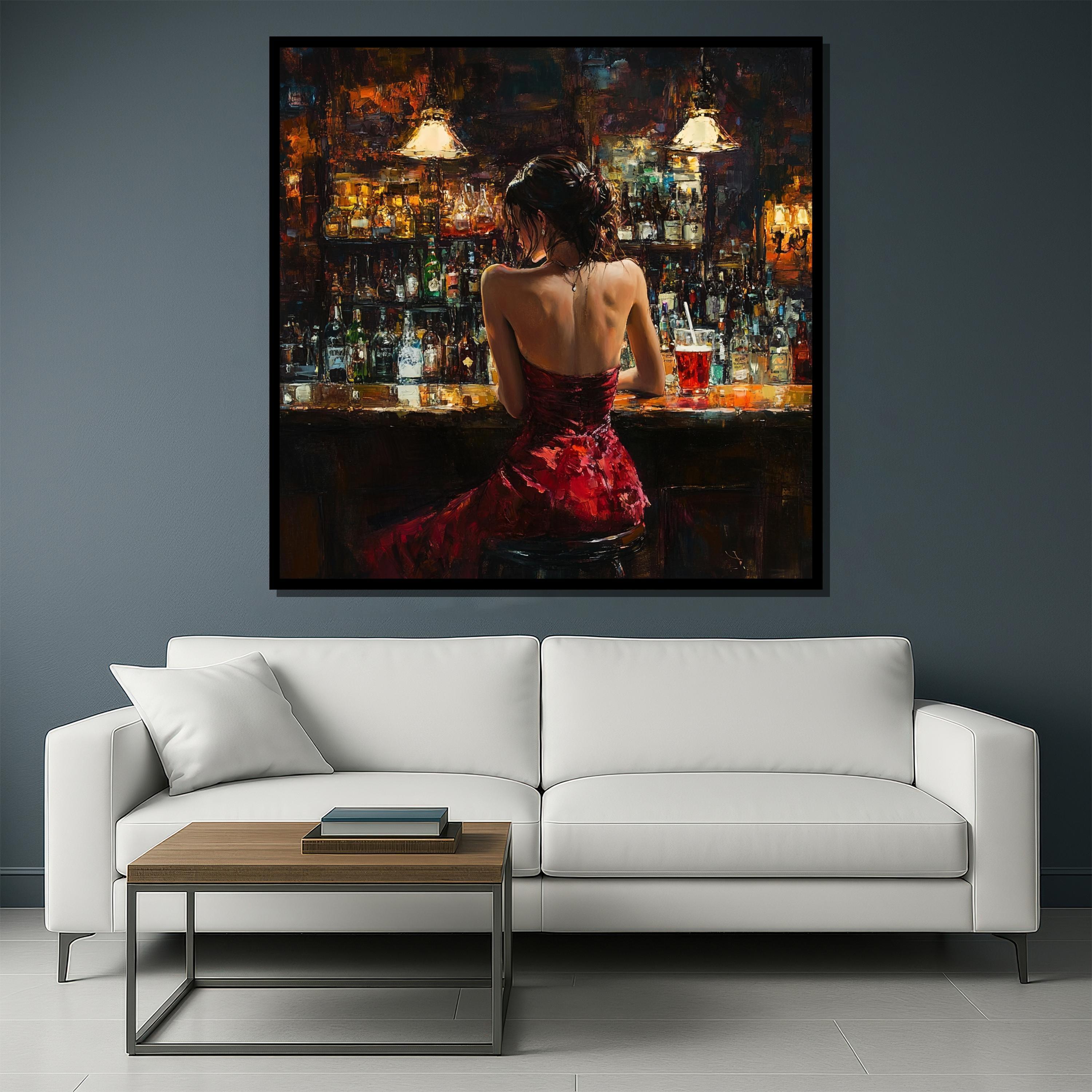 Woman in Red Dress Oil Painting Canvas Print, Elegant Lounge Scene - Etsy
