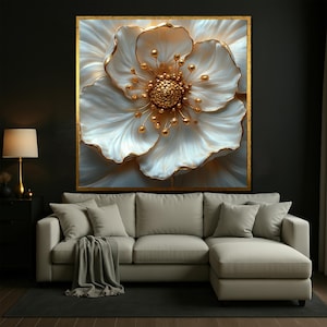Luxury White and Gold Flower Canvas Wall Art for Living Room, Elegant  Floral Artwork, Modern Home Decor