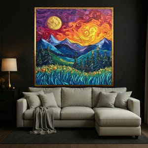 Bunte Berglandschaft Wandkunst, Van Gogh inspiriert Sonnenuntergang Druck, lebendige Naturszene Poster, Bold Art Home Decor