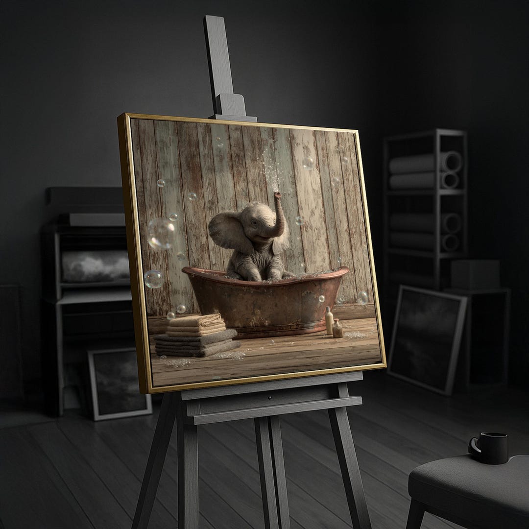 Cute Baby Elephant Bathtub Canvas, Whimsical Animal Wall Art, Playful ...