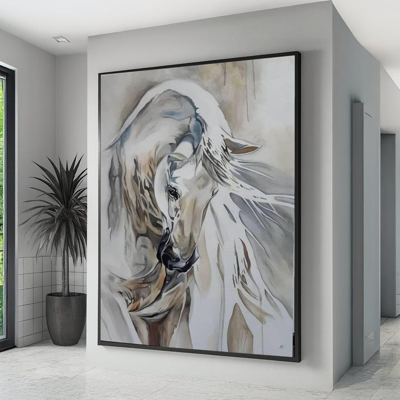 Elegante cuadro de un caballo blanco sobre lienzo, pintura equina abstracta, decoración moderna con arte animal, lienzo en tonos neutros, listo para colgar. imagen 1
