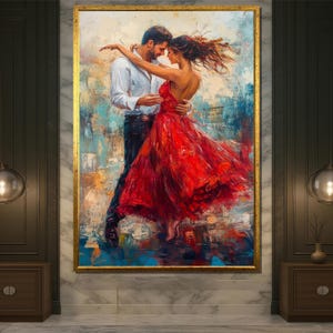 Romantic Dance Canvas Wall Art, Passionate Couple in Red Dress Painting, Colorful Modern Wall Decor, Love Artwork for Bedroom or Gift Idea