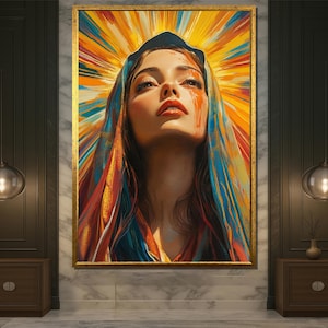 Modern Virgin Mary Canvas Art, Radiant Holy Woman Wall Print, Colorful Sacred Portrait Painting,Spiritual Catholic Decor, Gift for Believers
