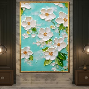 ターコイズブルーの背景に白い花のキャンバスウォールアート、モダンなリビングルームに質感のある花の絵画、明るくエレガントな室内装飾