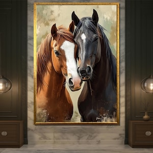 Two Horses Canvas Painting, Brown Black Horse Art Print, Elegant Horse Portrait, Equine Lover Gift Idea, Luxury Animal Decor for Home