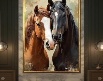 Impresión en lienzo de dos caballos: elegante retrato equino, decoración de lujo para el hogar