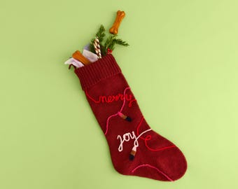 Hand Knit Burgundy Christmas Stocking, Lipstick Linework, Merino Wool Holiday Decor, Best in Show Collection