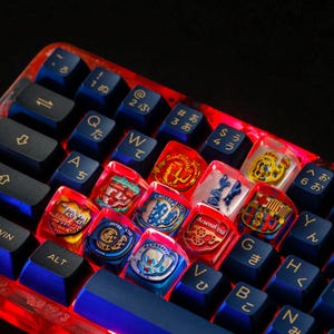 May include: A custom mechanical keyboard with blue keycaps and illuminated red accents. Several keycaps are replaced with transparent caps featuring colorful team logos, including Arsenal and Manchester United. The keyboard has Japanese characters.