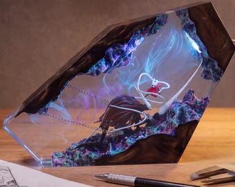 Epic Fantasy Bug Knight Resin Lamp -Handmade Epoxy Diorama Night Light -Indie Gamer Desk Decor- Unique Wood Art Gift for Him,Christmas gifts