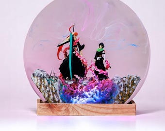 Soul Warrior & Ice Guardian LED Lamp – Anime Couple Light – Dual Character Resin Lamp – Fantasy Sword Duo Night Light – Gift for Anime Fan