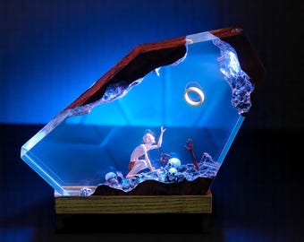 Fallen Witch Resin Lamp & Light Ring – Fantasy Style Handmade Diorama, Desk Decor Lamp, handmade epoxy lamp,USB resin lamp,gift for him