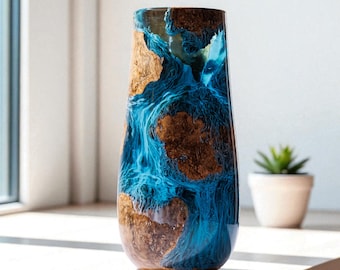 Jarrón de madera de nudo y resina hecho a mano: decoración rústica moderna para el hogar
