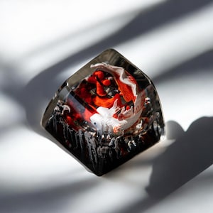 Puede incluir: Un keycap de resina transparente con una imagen en blanco y negro de dos peces koi nadando en un estanque. Los peces son rojos y blancos, y el estanque está rodeado de rocas negras.