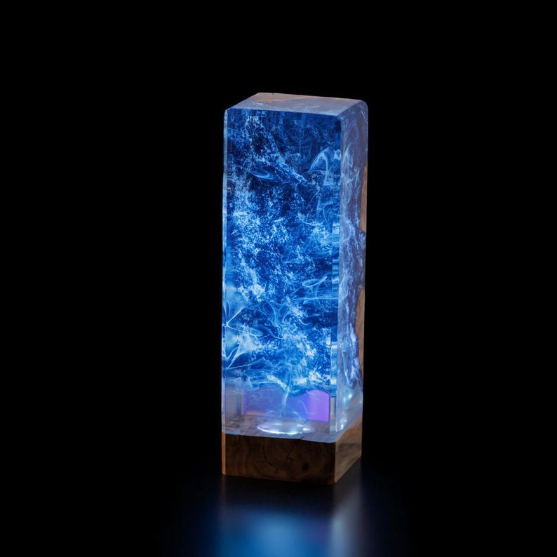 Handmade Epoxy Resin Lamp: Ocean Mist LED Night Light, Wood Base - Etsy