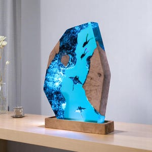 Ocean Resin Lamp | Epoxy Aquarium Light with Diver & Shark | Handmade Wood Resin Night Light | Unique Nautical Gift Decor, gift for him