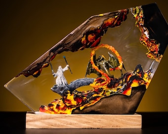 Dark Fantasy Resin Lamp, Fire Battle Diorama Light, Warrior Night Light, Gaming Room Decor, Handmade Fantasy Gift, Desk Lamp,Christmas gifts