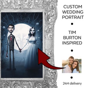 Custom Wedding Couple Digital Portrait, Tim Burton Wedding, 24H, Steampunk, Zombie, Emo, Corpse Bride, Gothic. Valentine&#39;s or Wedding Gift