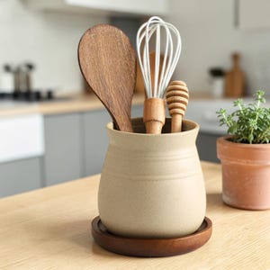 Ceramic Utensil Holder Set, Rustic Kitchen Crock Organizer, Natural Wood Base