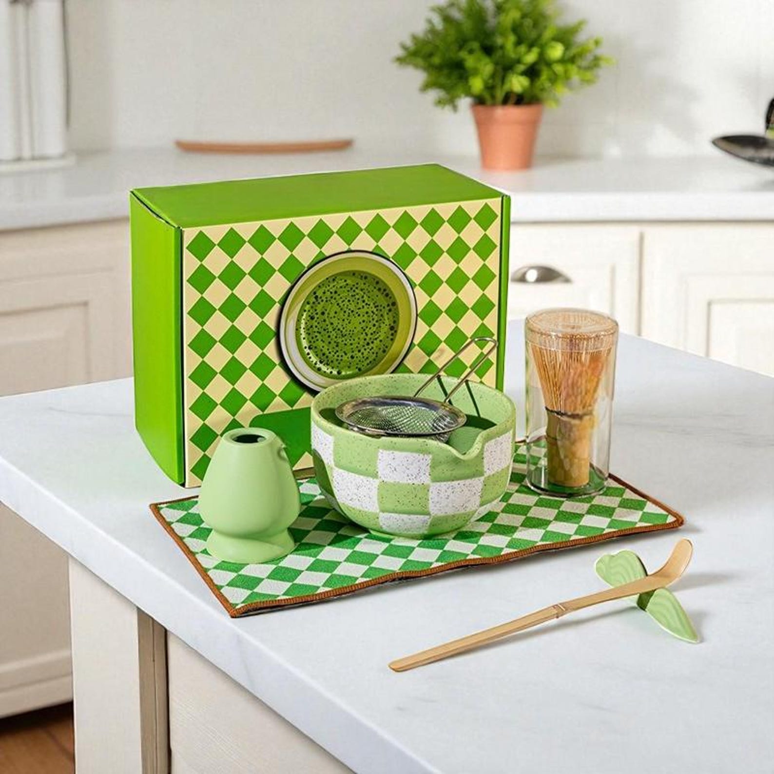 Ceramic Checkered Matcha Tea Set: 7-Piece Japanese Ritual - Green