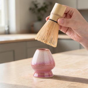 May include: A bamboo matcha whisk held above a pink and white ceramic matcha bowl. The whisk has many thin tines and a bamboo handle. The bowl has a rounded shape with a wide base. The items are on a light-colored wooden surface.